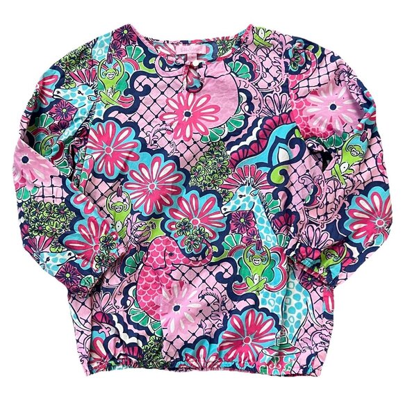 Lilly Pulitzer Girls Jungle Animal Print Tunic Blouse Size 14 Cotton Pink Blue - Picture 1 of 8